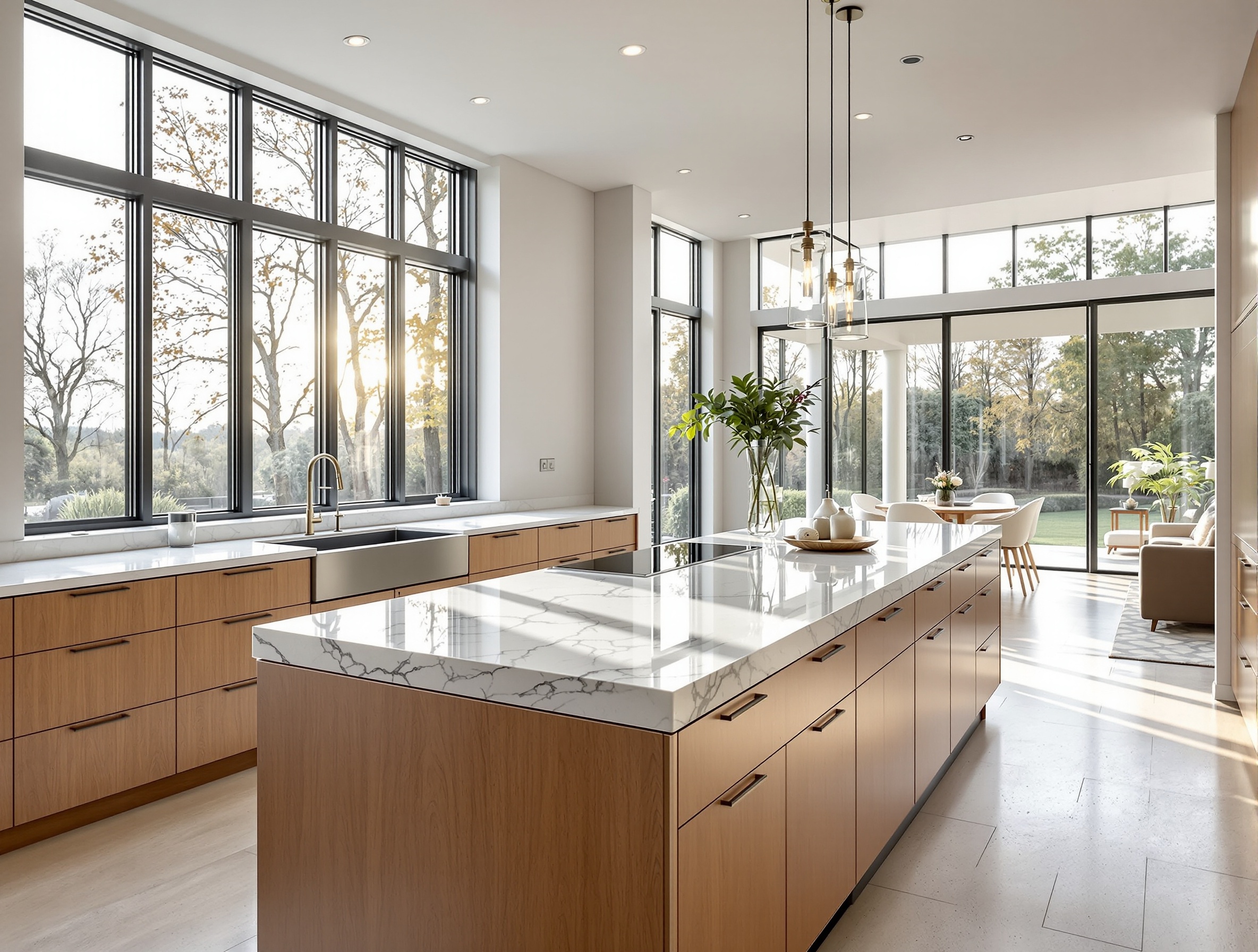 Bright modern kitchen with quartz countertops and large window frames